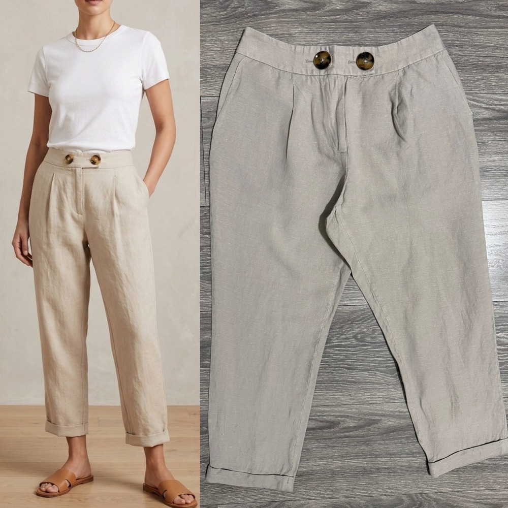 Calvin Klein Womens 8P Linen Blend Pleated Tapered Cropped‎ Pants Beige Cuffed